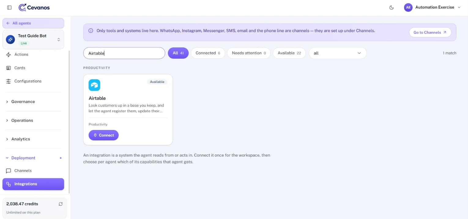 Airtable is available in the Integrations catalogue.