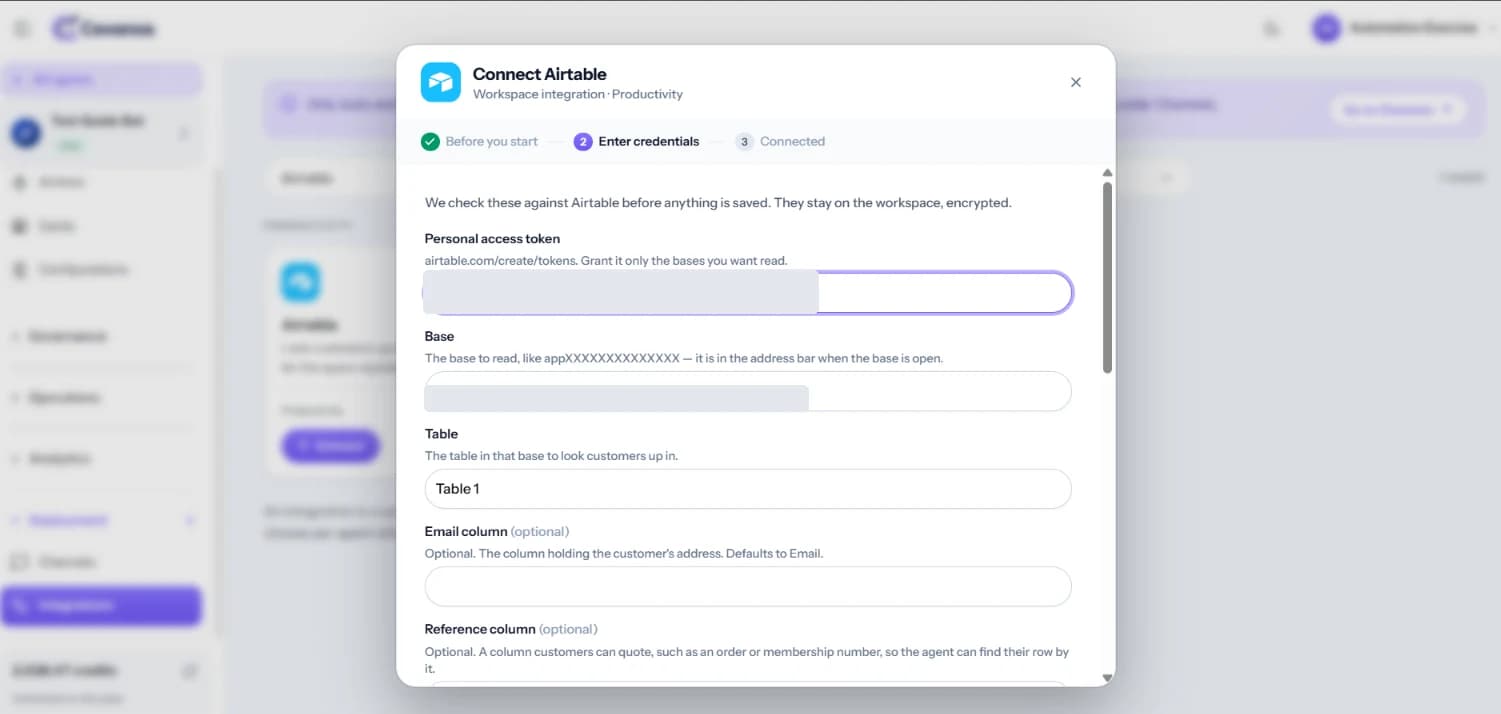 The connection form, with the token and base ID hidden.