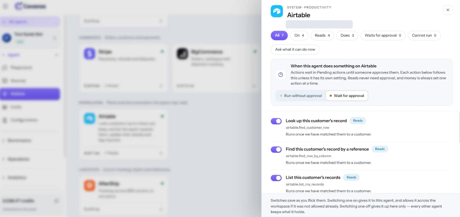The Airtable panel on Actions, with the action switches and the approval setting.