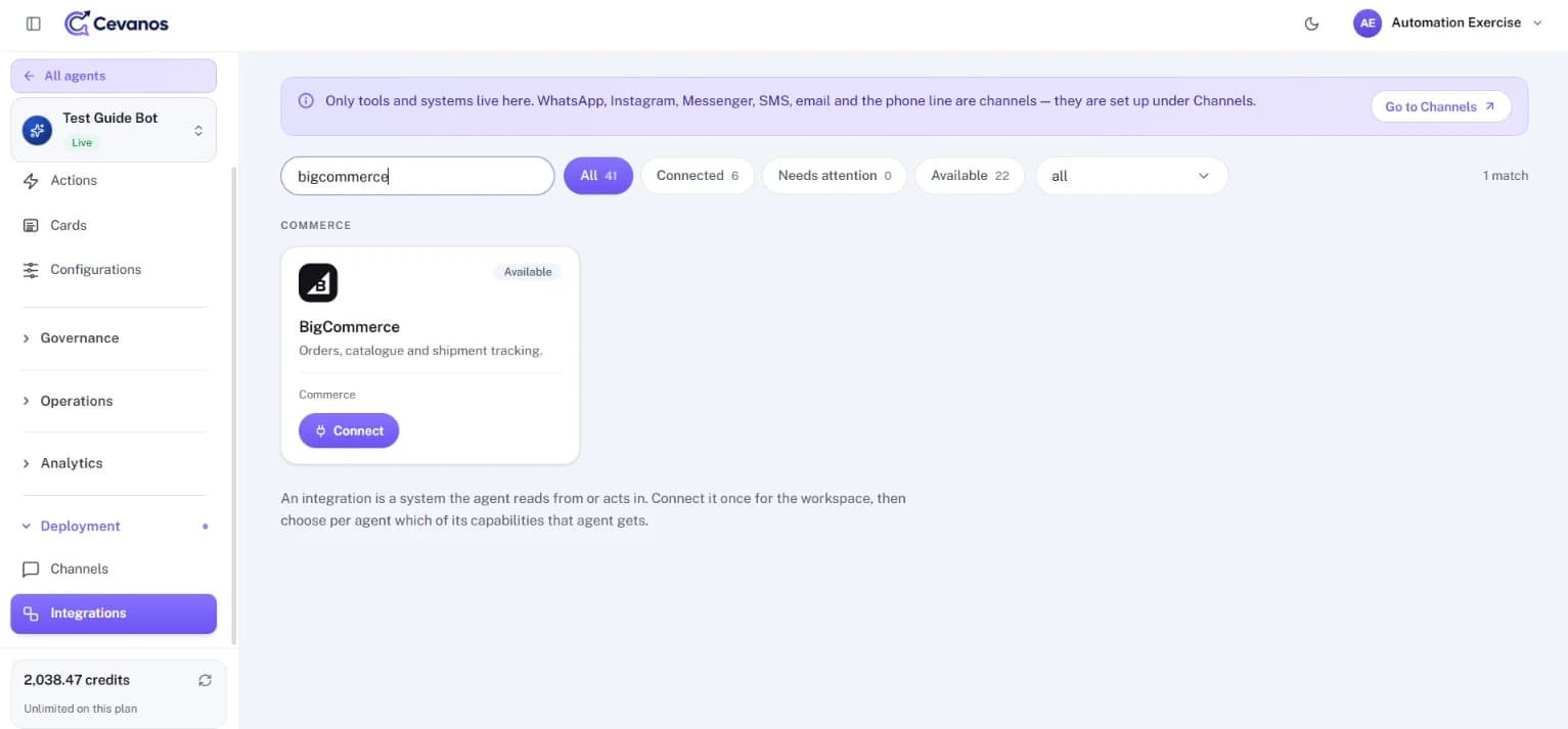 BigCommerce not connected: the card shows “Available” and a “Connect” button.