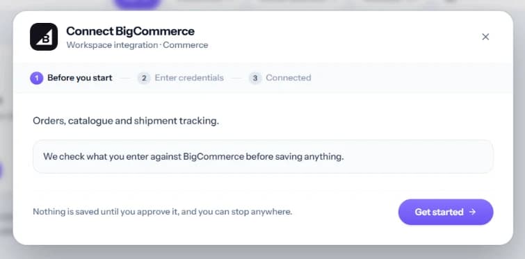Connect BigCommerce, screen 1 of 3: “Before you start”.