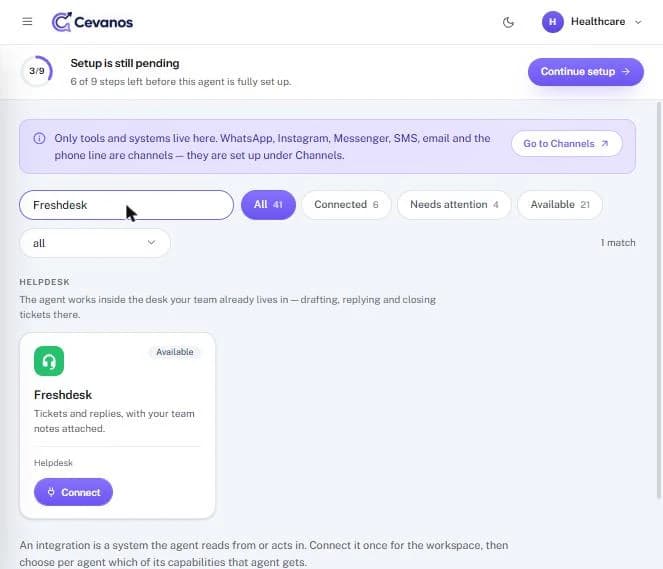 Freshdesk not connected: the card shows “Available” and a “Connect” button.