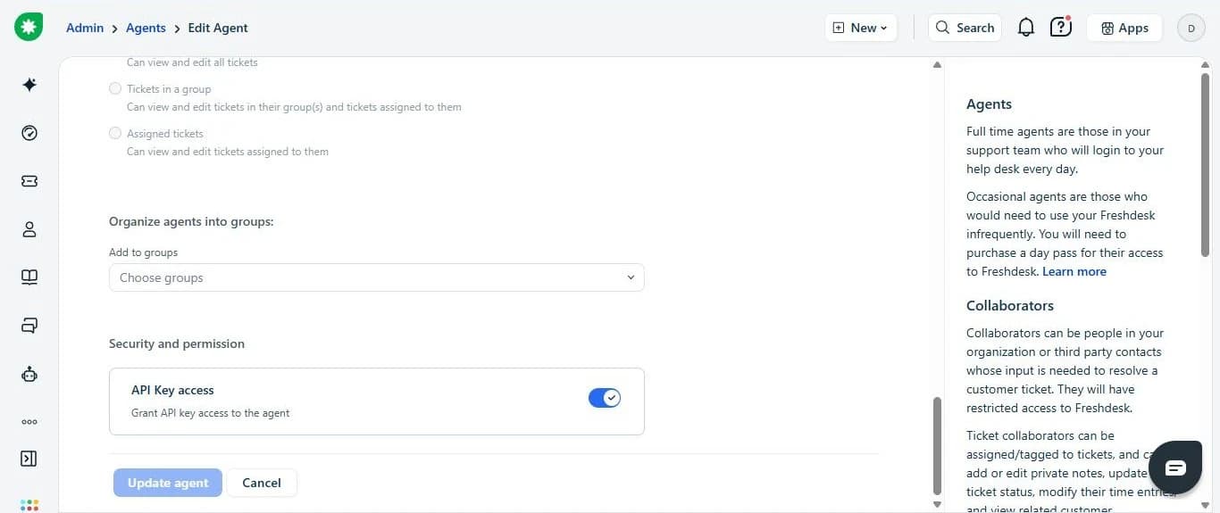 Edit Agent → Security and permission: API Key access switched on.