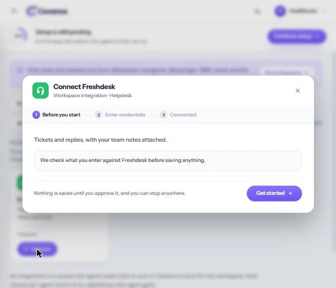 Connect Freshdesk, screen 1 of 3: “Before you start”.