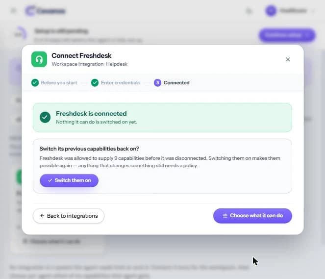 Screen 3 of 3: “Freshdesk is connected”.