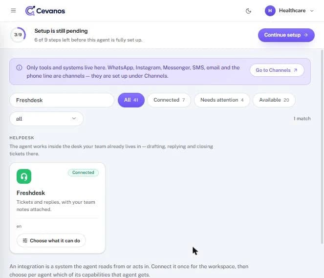 The Freshdesk card now says “Connected” and shows “Choose what it can do”.