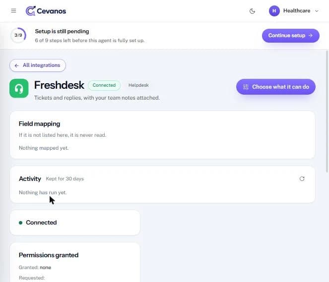 The Freshdesk page: field mapping, activity and connection status.