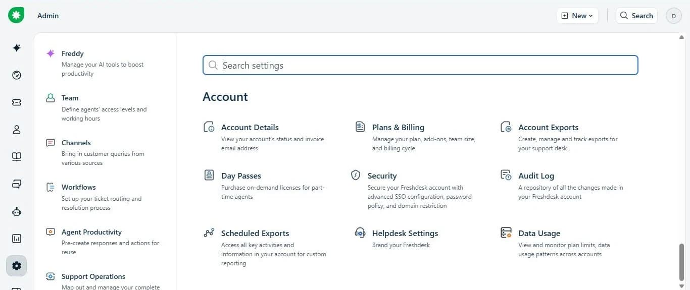 The Freshdesk Admin page, Account section: Helpdesk Settings.