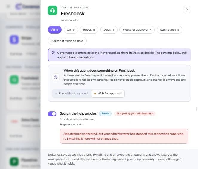 The Freshdesk panel: “Stopped by your administrator” on “Search the help articles”.