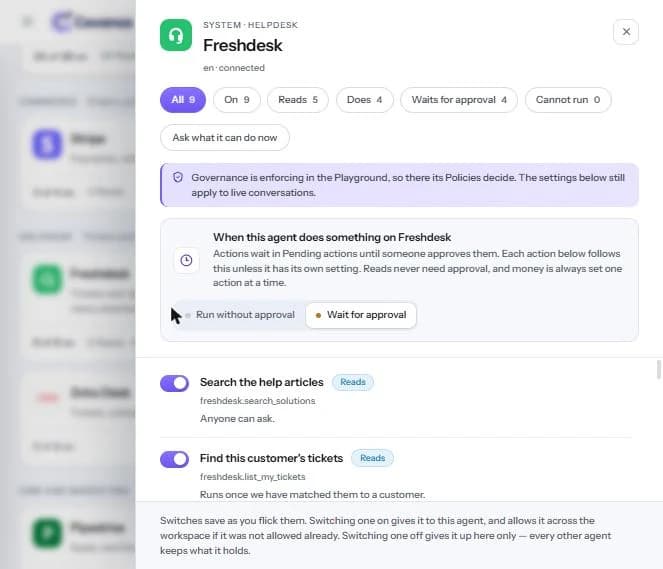 The Freshdesk panel with all capabilities running: the filters and the approval setting.