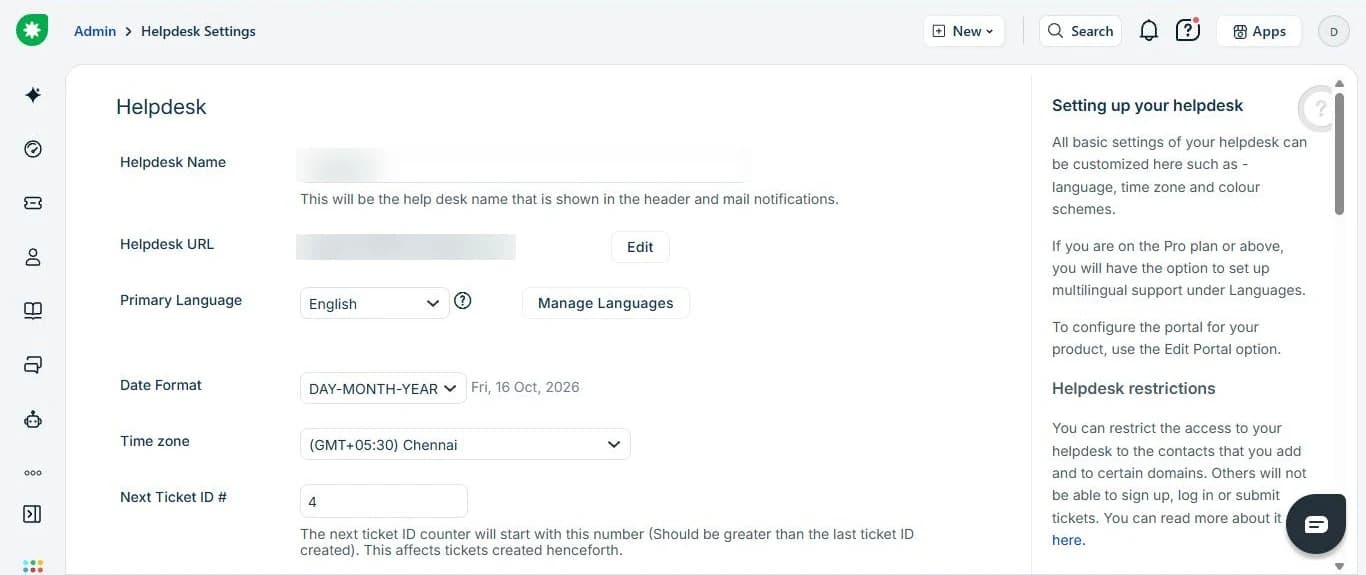 Helpdesk Settings: the Helpdesk URL line (blurred here). Your domain is the part before “.freshdesk.com”.