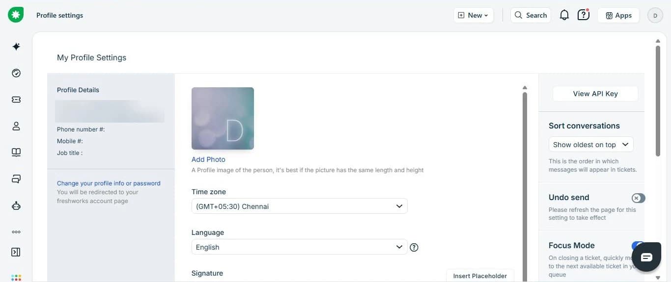 My Profile Settings, with the View API Key button on the right.