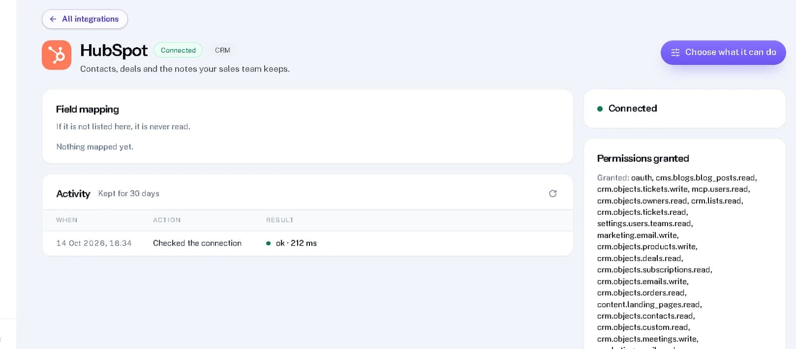 The HubSpot page: connection status, activity and the permissions granted.