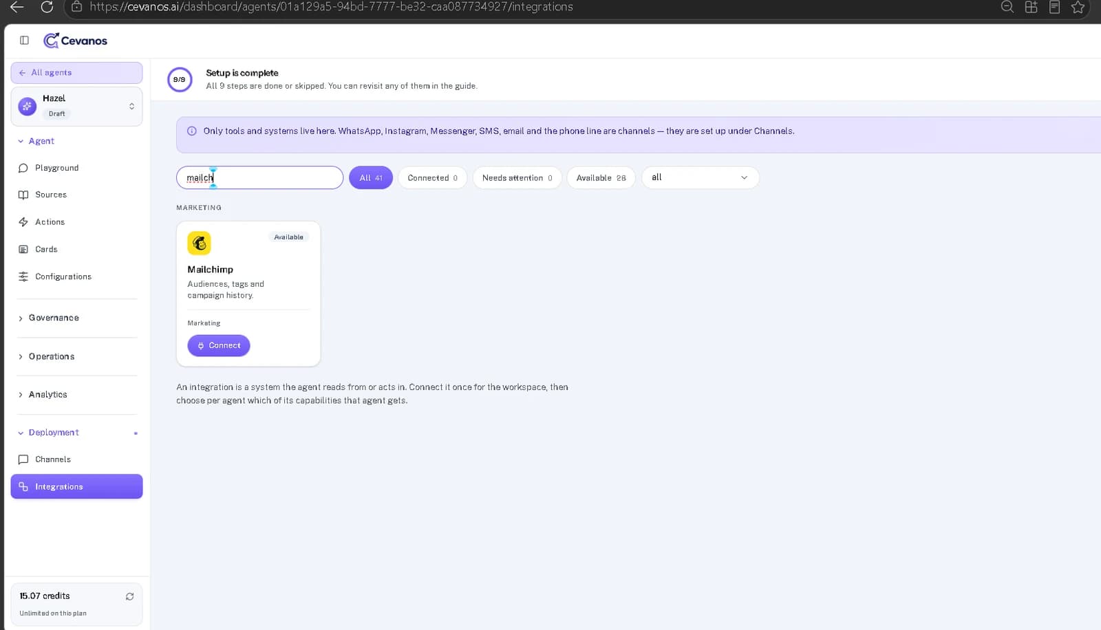 Mailchimp in the Integrations directory, ready to connect.