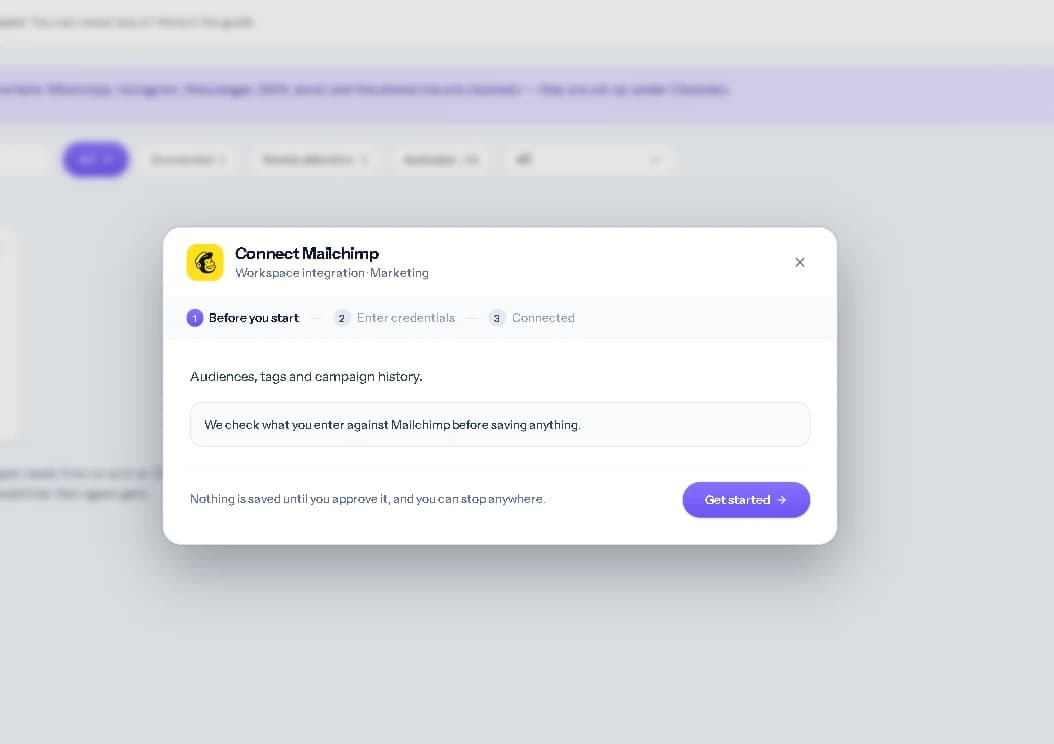 The Before you start screen of the Mailchimp connection.