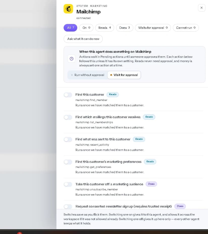 Mailchimp actions before they are switched on.
