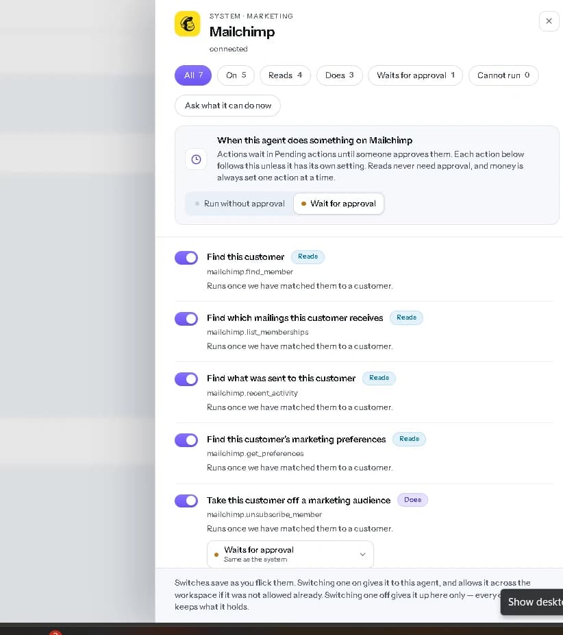 Selected actions switched on, with the unsubscribe action waiting for approval.