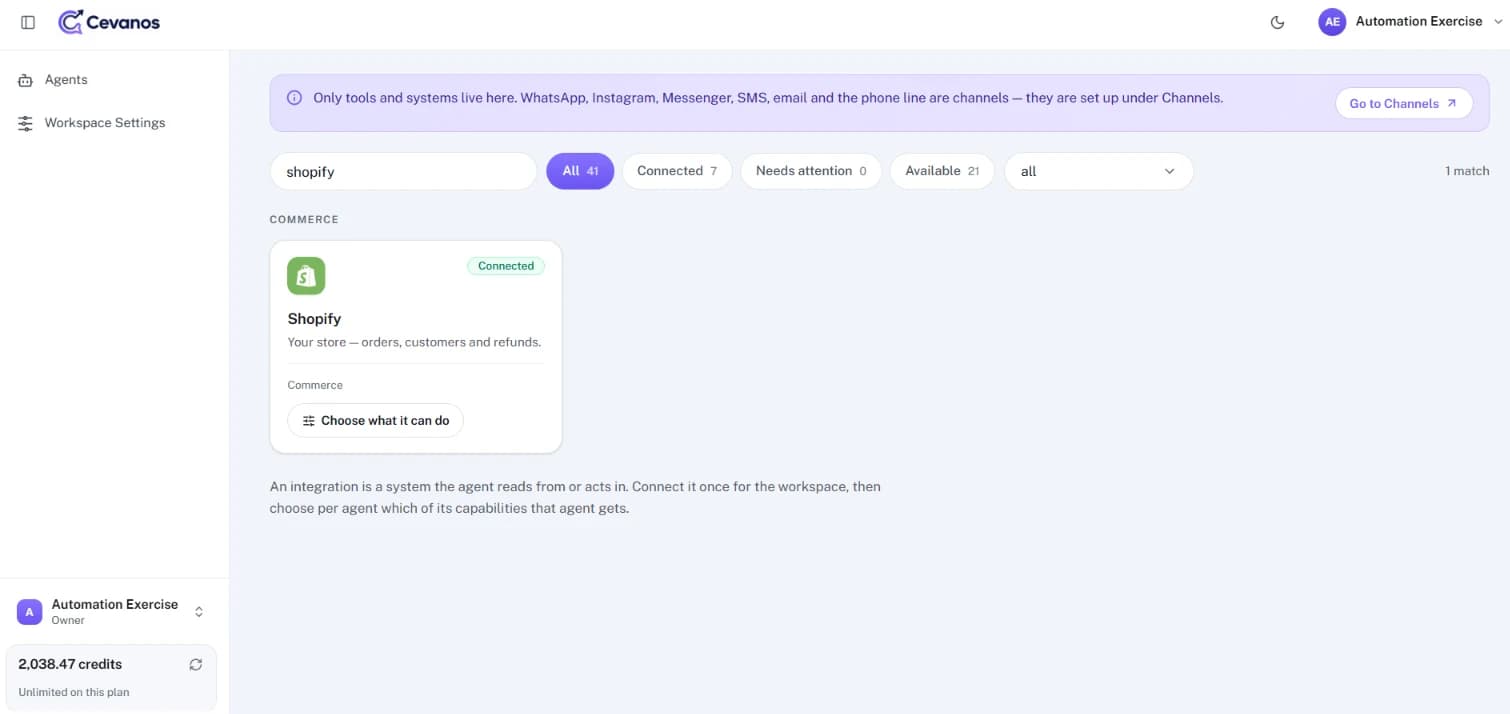 In the Cevanos dashboard, the Shopify card now says “Connected” and shows “Choose what it can do”.