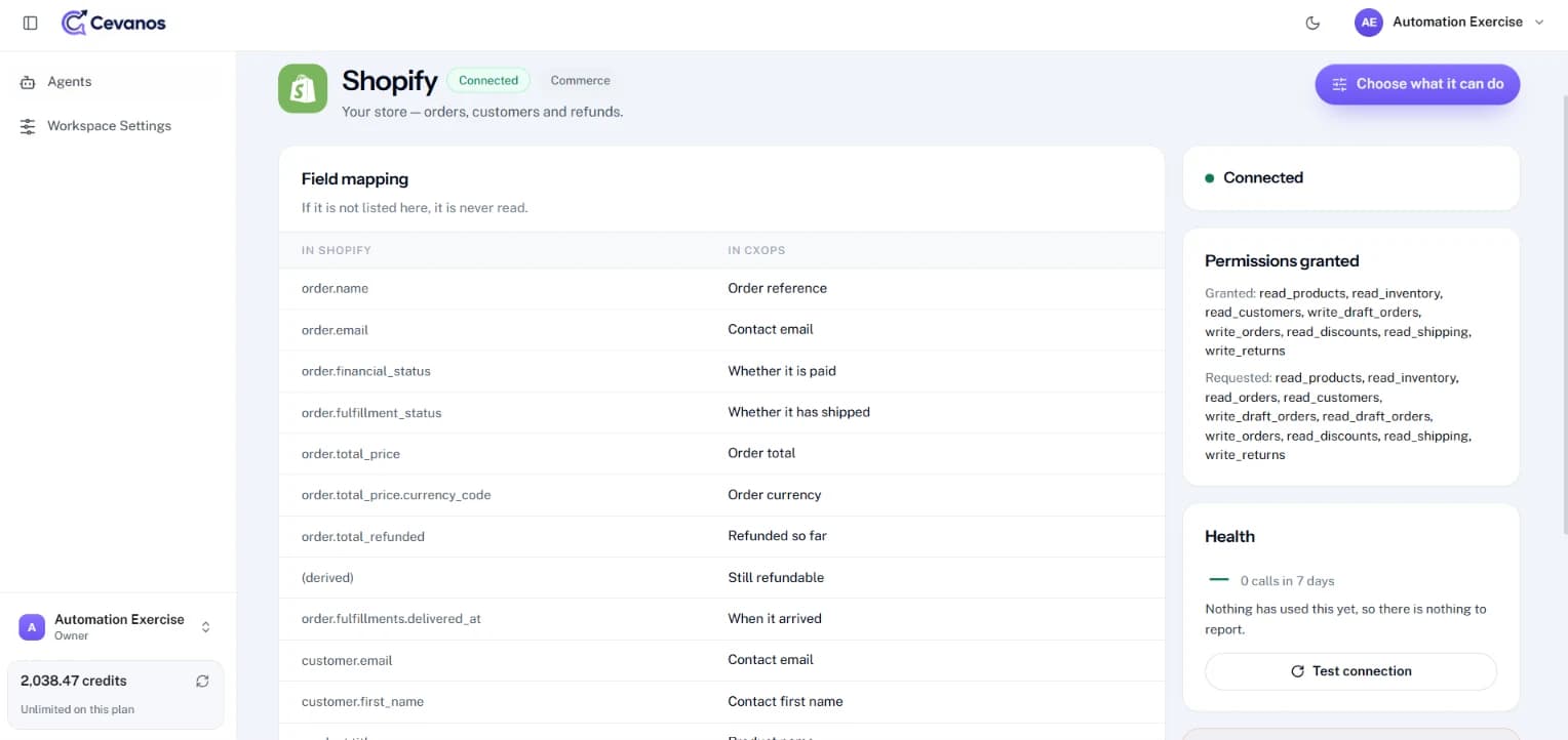 The Shopify page: Connected status, field mapping, permissions granted and Health with “Test connection”.