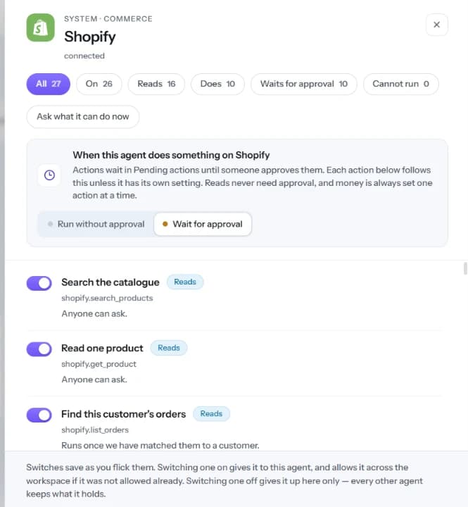 The Shopify panel on Actions: filters, the approval setting and the first actions.