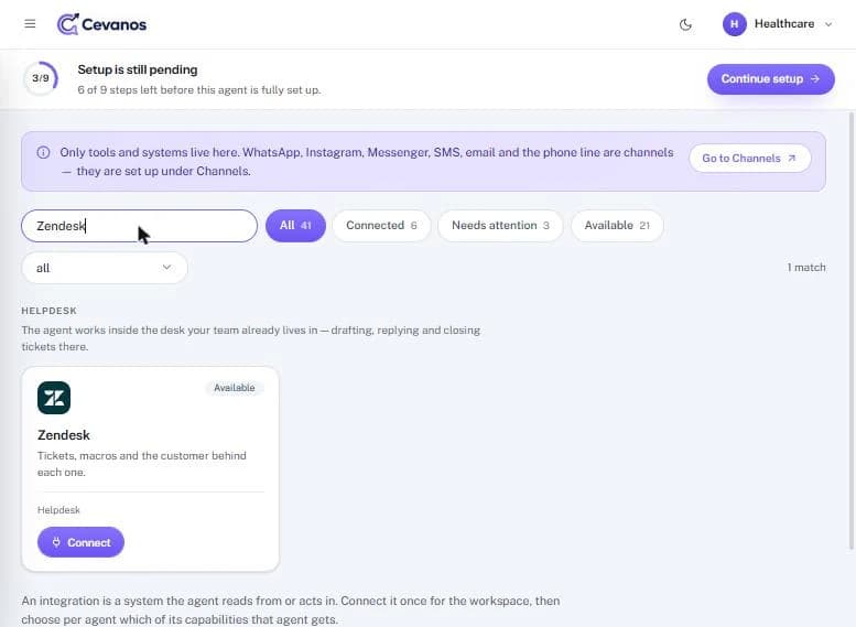 Zendesk not connected: the card shows “Available” and a “Connect” button.