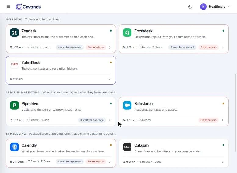 The Helpdesk section of Actions: Zendesk with “9 cannot run” before Workspace is ticked.