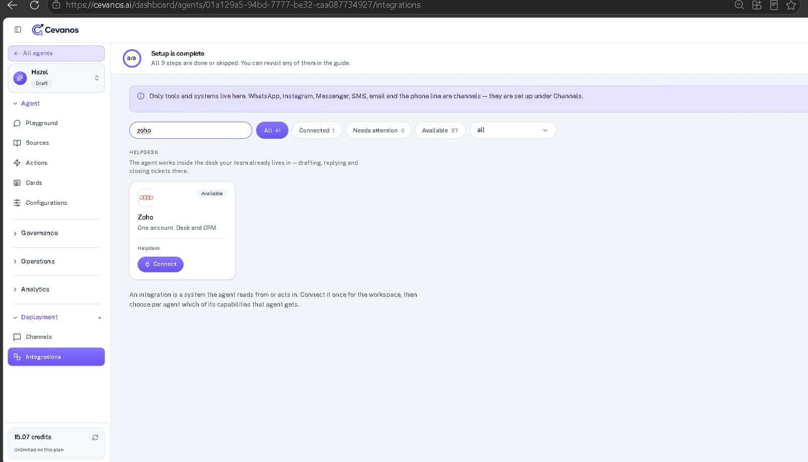 The Zoho card in the Integrations directory: one account for Desk and CRM.