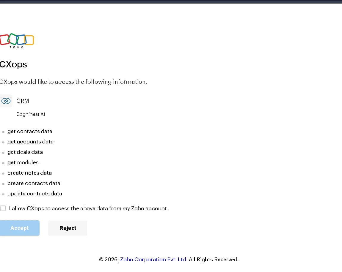 Review and approve the requested Zoho CRM access.