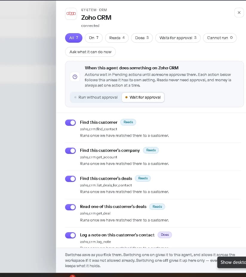 Selected Zoho CRM actions switched on for the agent.