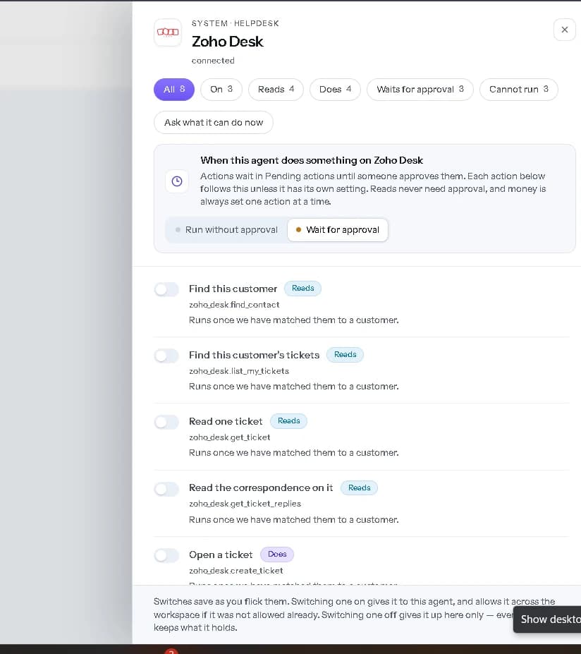 Zoho Desk actions before they are switched on.
