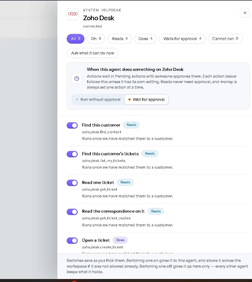 Zoho Desk actions switched on for the agent.