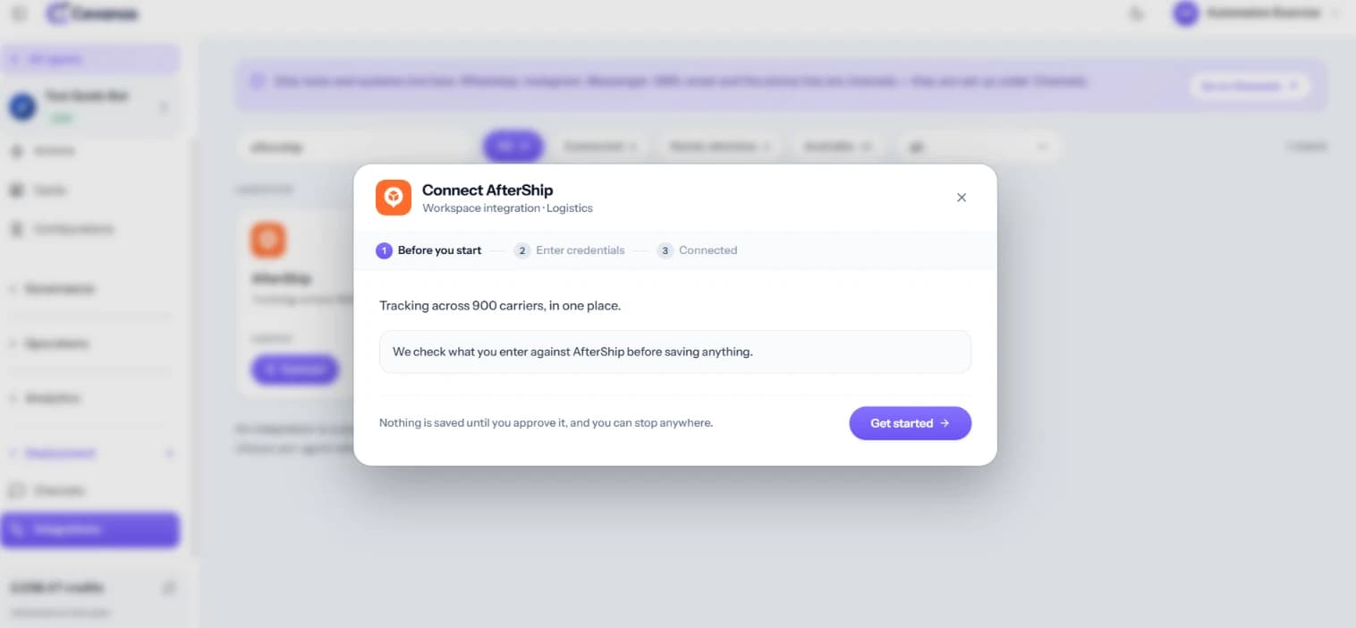 Connect AfterShip, screen 1 of 3: “Before you start”.