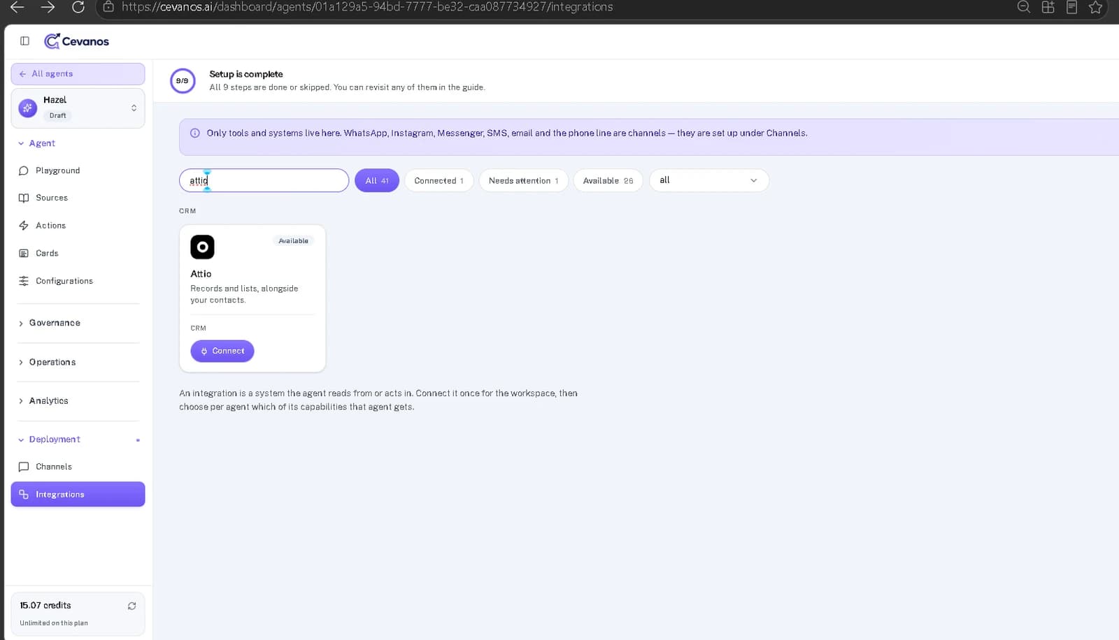 Attio in the Integrations directory, marked Available.