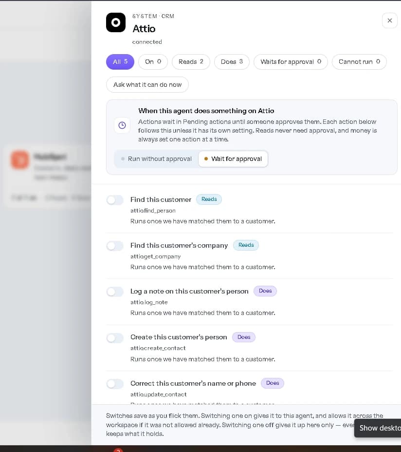 Attio actions before they are switched on.