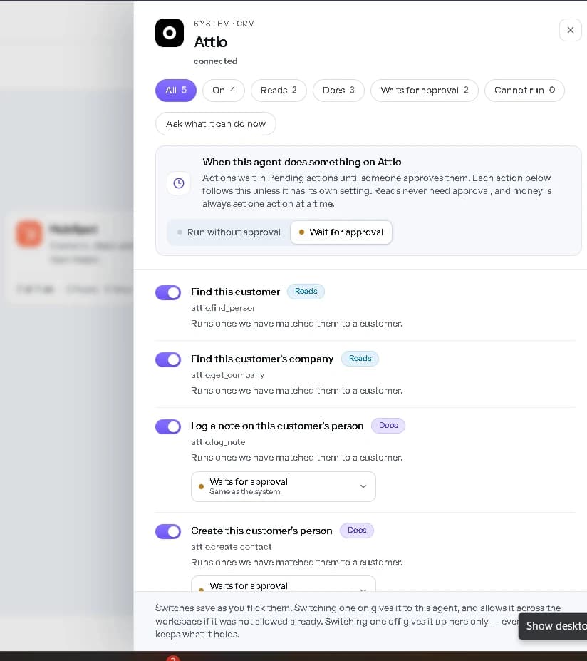 Selected Attio actions switched on for the agent.