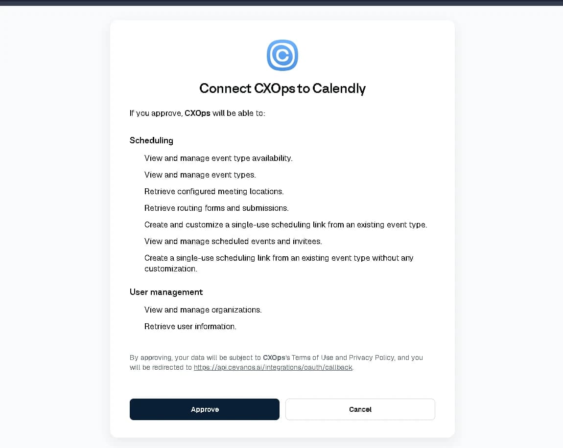 Calendly's approval page, listing the access requested.