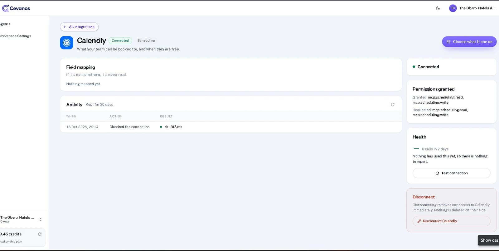 The Calendly page after authorisation: status, permissions granted and Health.