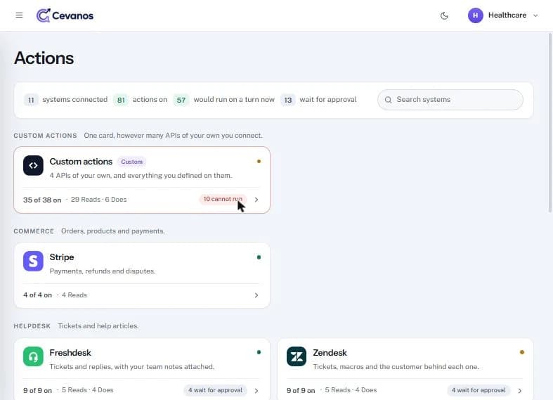 The Custom actions card at the top of Actions.