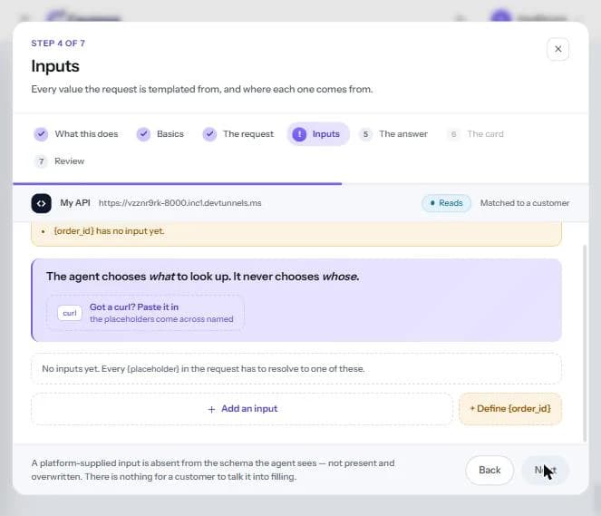 The missing {order_id} appears as a Define button.