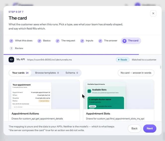The card picker, with the Your cards, Browse templates and Schema tabs.