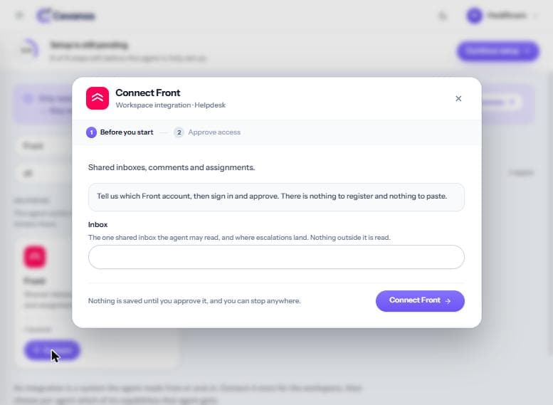Connect Front, screen 1 of 2: “Before you start”, with the Inbox field.