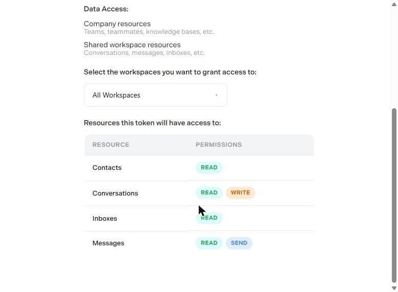Scrolled down: the workspace choice and the permissions per resource.