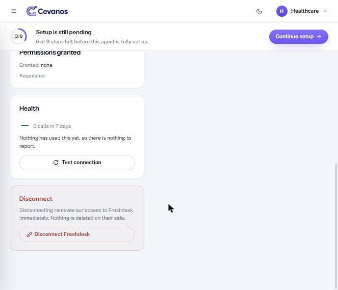 Permissions granted, Health with “Test connection”, and the Disconnect box (Freshdesk shown).