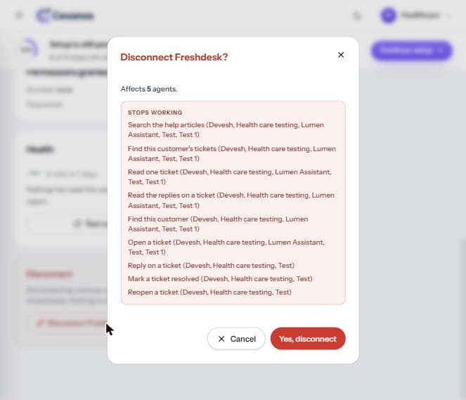 The “Disconnect” confirmation, listing the affected agents and what stops working (Freshdesk shown).
