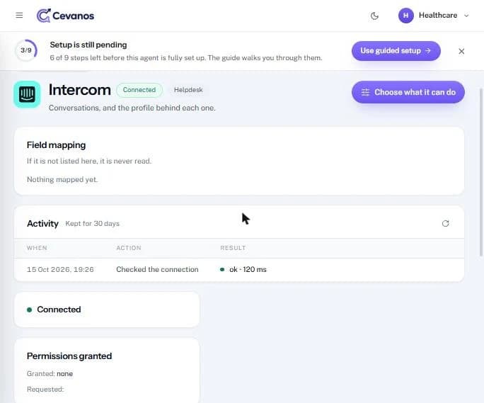 The Intercom page: Connected status, field mapping, activity and permissions granted.
