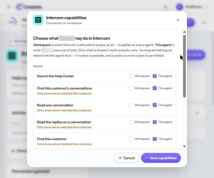 Intercom capabilities: the Reads list, with Workspace unticked and This agent ticked.