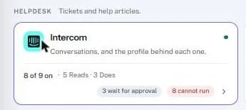 The Intercom card on Actions with “8 cannot run” before Workspace is ticked.