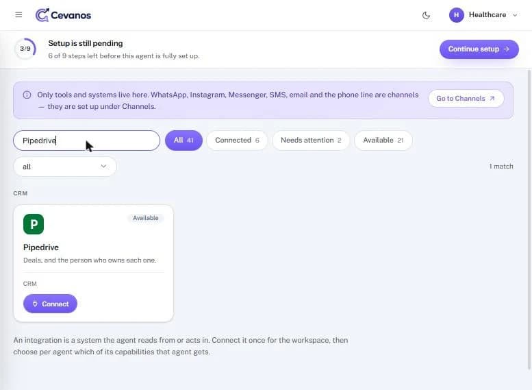 Pipedrive not connected: the card shows “Available” and a “Connect” button.
