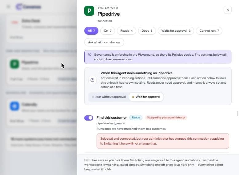 The Pipedrive panel: “Stopped by your administrator” on “Find this customer”.