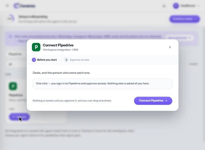 Connect Pipedrive, screen 1 of 2: “Before you start”. There are no fields to fill in.